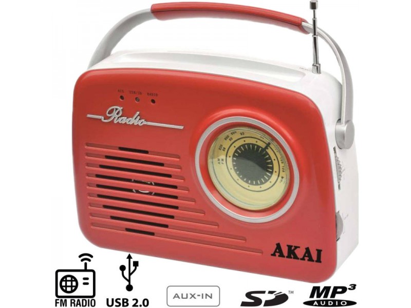 Akai APR-11R Ρετρό Φορητό Ραδιόφωνο Με USB, Κάρτα SD Και Aux-In