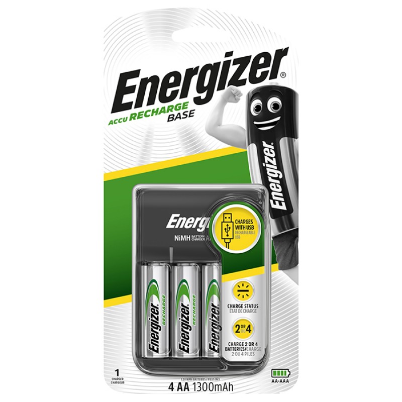 Energizer Φορτιστής Μπαταριών ΑΑ/ΑΑΑ Με 4 Επαναφορτιζόμενες Μπαταρίες ΑΑ & Τροφοδοσία Μέσω USB