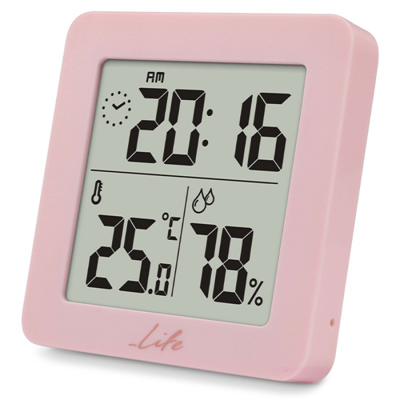 LIFE PRINCESS Ψηφιακό Θερμόμετρο & Υγρόμετρο Εσωτερικού Χώρου Με Ρολόι Σε Ρόζ Χρώμα