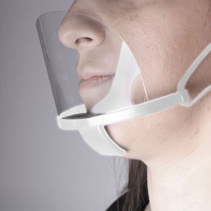 Διάφανη Πλαστική Προστατευτική Μάσκα Προσώπου Πολλαπλών Χρήσεων, Σε Λευκό Χρώμα.