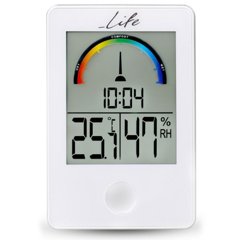 Ψηφιακό Θερμόμετρο/Υγρόμετρο με ρολόι και έγχρωμη απεικόνιση επιπέδου υγρασίας σε λευκό χρώμα