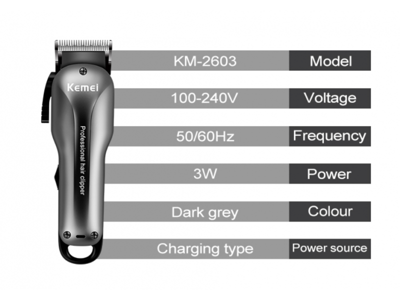 Kemei KM-2603 Επαναφορτιζόμενη Κουρευτική Μηχανή Με Ατσάλινες Λεπίδες