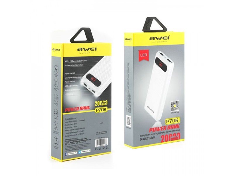 Awei p70k 2000mah compact power bank με 2 usb σε λευκό χρώμα