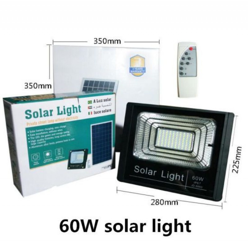 Στεγανός Ηλιακός Προβολέας Ισχύος 60W Με Τηλεχειριστήριο,Χρονοδιακόπτη  & Ψυχρό Λευκό Φώς