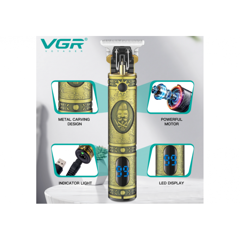 Επαγγελματική επαναφορτιζόμενη κουρευτική - ξυριστική μηχανή και trimmer με LED ένδειξη χρυσού χρώματος VGR V-091